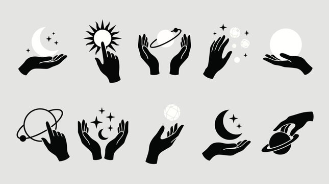 Mystical hands holding moon sun planets and stars minimalist celestial magic icons on gray background