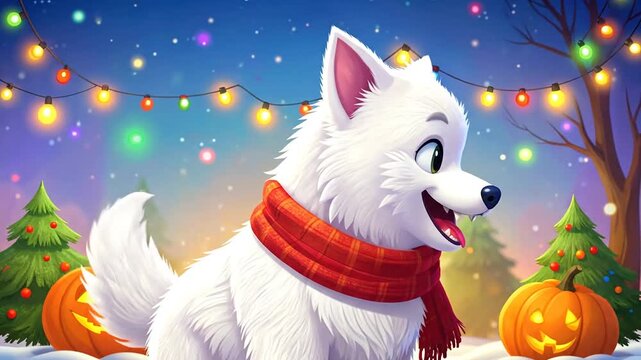 Happy white fluffy dog wearing a red scarf, standing among colorful string lights, pine trees, and pumpkins in a festive autumn night scene, cheerful and joyful.