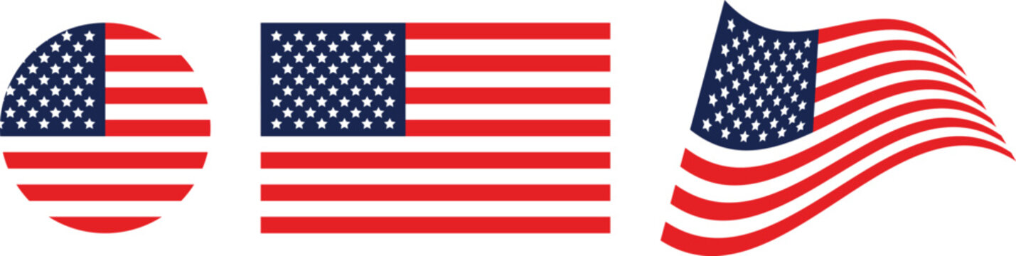 America national flag rectangle and circle set. Waving united states of America flag. Country official banner design. 