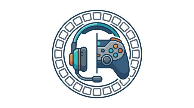 A stylized gaming logo featuring a headset and a game controller inside a circular frame.