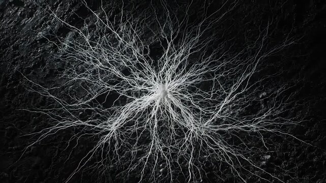 Expanding mycelial network with branching filaments spreading across dark textured soil in monochrome. Perfect for ecological branding, educational content, nature documentaries