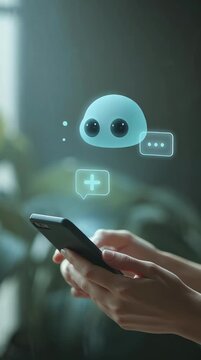 Hands Holding Smartphone with Floating Chat Bubbles and Cute Digital Avatar Character Interface in Soft Dreamy Bokeh Lighting for Social Media Communication and Messaging Concept