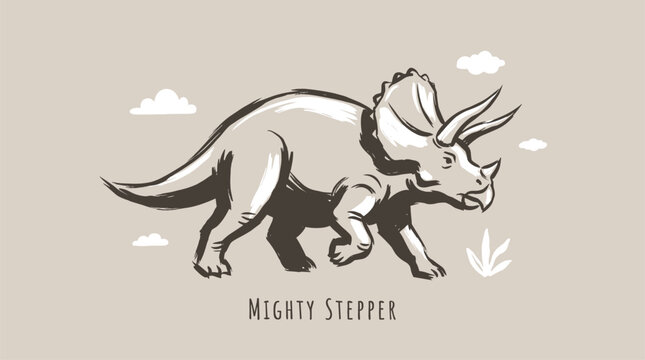 Triceratops dinosaur vector illustration. Mighty stepper vintage artwork. T shirt print design.