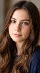 Naklejka premium Portrait of a beautiful young woman with long brown hair.