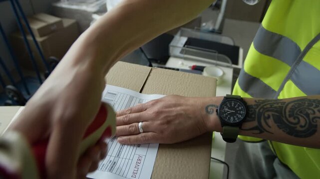 Handheld shot of female warehouse worker checking delivery label and sealing cardboard box with tape dispenser. Footage is ideal for e-commerce fulfillment and logistics videos