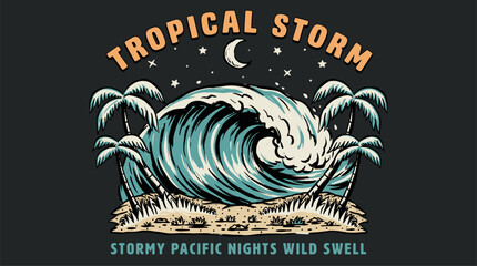 Tropical storm vector design. Wild swell ocean wave. Night beach palm trees graphic print. © rahel lila