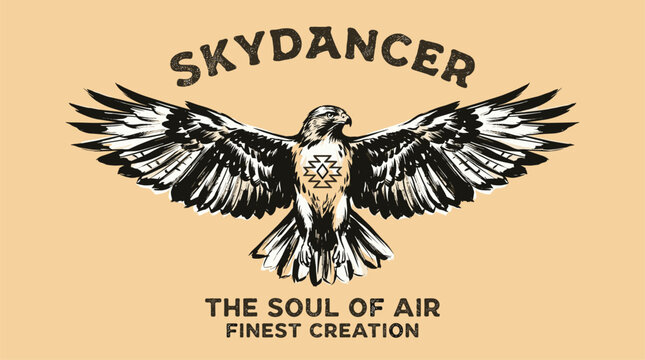 Skydancer eagle fly vector artwork design. Soul of air graphic print. Vintage eagle design.