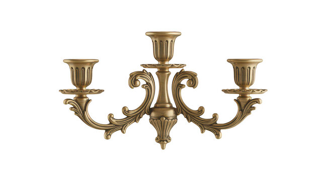 Three-armed golden candelabra with ornate scrollwork and classic floral carvings, vintage metal candle holder isolated on a black background