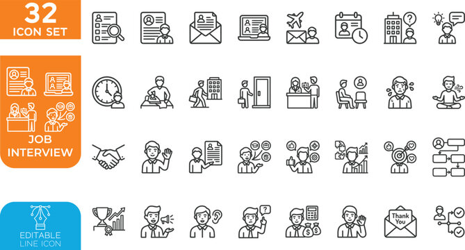 Job interview line editable Vector illustration icon set. for human resources. hiring process, employment, career growth, corporate business layout. on transparent background.
