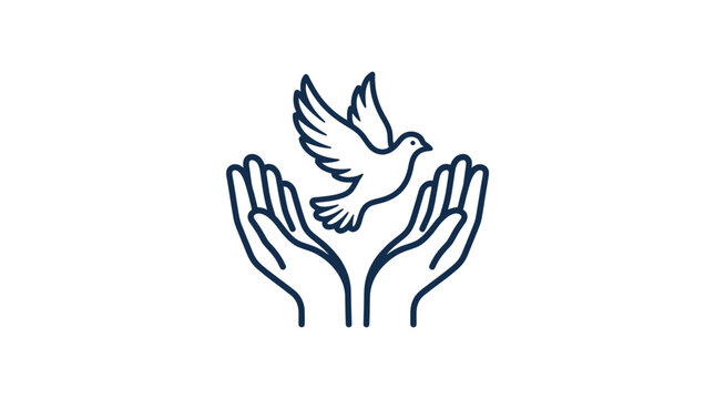 Minimalist line art illustration of a dove flying above open human hands.