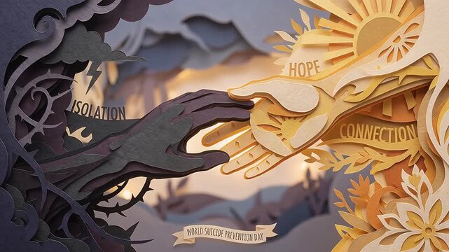 3D paper cut art of dark and light hands reaching together for World Suicide Prevention Day, symbolizing hope and connection over isolation
