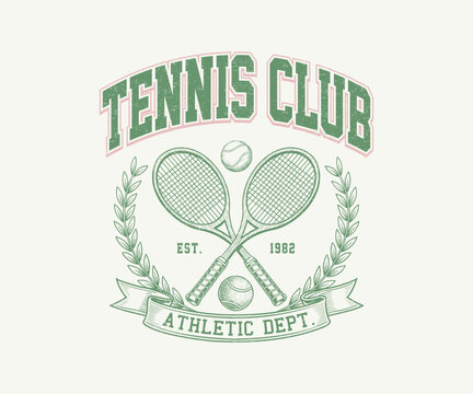 Vintage Tennis Club Est 1982 Athletic Dept Illustration - Retro Court Tournament Graphic with Crossed Rackets, Balls, Laurel Wreath, and Ribbon Banner - Classic Collegiate Varsity Style Apparel T-Shir