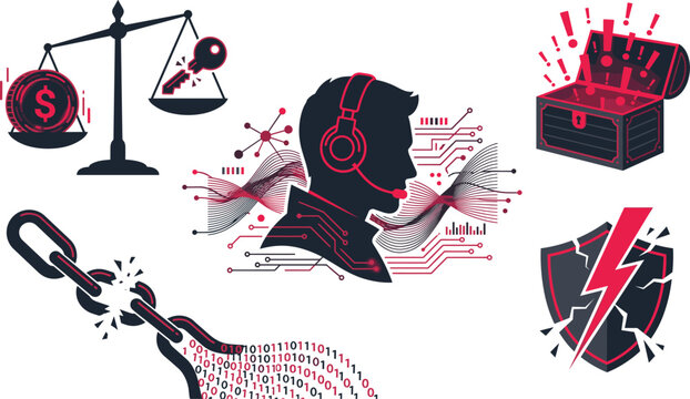 Modern information security risk graphics including open chest compromised shield and binary code vector