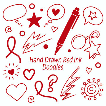 Hand drawn red ink doodles elements and symbols.