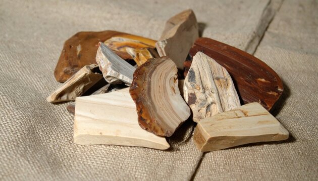 Pile of varied petrified wood fragments showcasing unique textures and earthy colors on a burlap surface