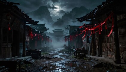 Obraz premium Chinese haunted village street at night during full moon