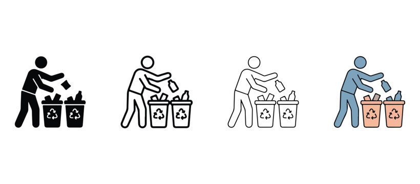  stick figures throwing trash into recycling bins in different colors  black white gray and blue