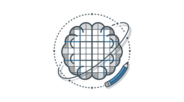 A stylized illustration of a human brain shaped like a grid with a pencil orbiting around it.