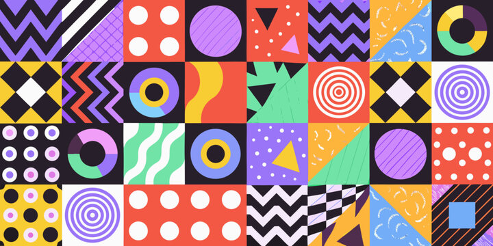 Geometric pattern with circles triangles and stripes in vibrant colors