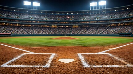 Fototapeta premium Baseball field at dusk with a crowd filled stands in the stadium.