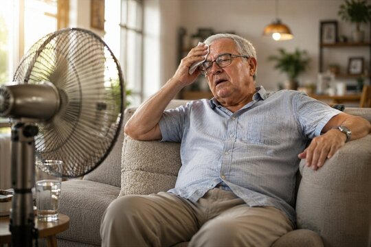 Senior Man Cooling Off at Home During Summer Heat Wave and High Temperature Stress