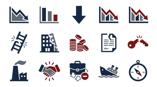 Flat icons representing business failure and economic crisis