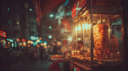 Obraz premium Glowing street food stall featuring a vertical doner kebab rotisserie in a busy urban city at night