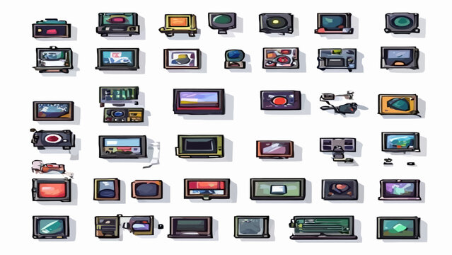 A grid of retro computer monitors and television screens