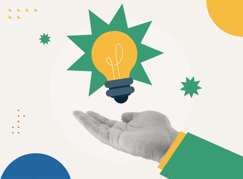 Trendy Halftone Collage of a hand presenting a glowing light bulb on a green star burst, representing creative idea and innovation. Perfect for business, startup, brainstorm, and marketing content.