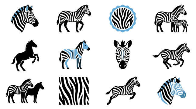 A collection of zebra icons and silhouettes on a white background