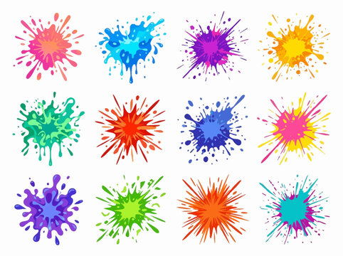 A vibrant collection of colorful paint splashes on a white surface with various artistic expressions.