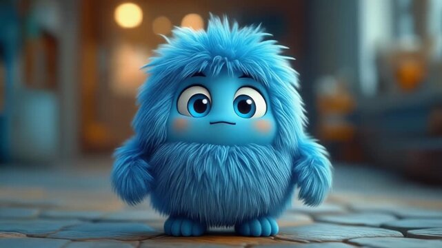 Adorable fuzzy blue character with big eyes standing still in a cinematic soft focus background with shallow depth of field