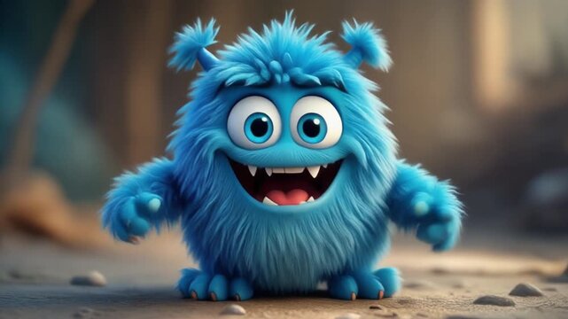 Cute blue monster expressing joy with wide smile and energetic pose in a soft focus outdoor environment