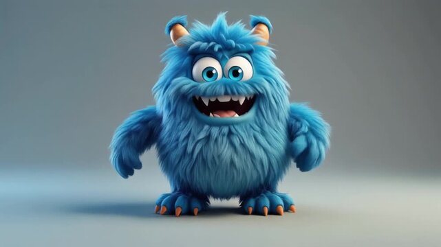 Fluffy blue creature smiles with joy during studio presentation against a soft gradient background
