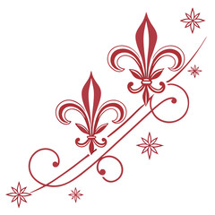 Fleur de lis ornament line graphic featuring two ornate royal symbols with swirling filigree and scattered star shapes for sophisticated wedding stationery or regal event decoration isolated on white. © Sobur
