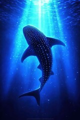 Fototapeta premium Majestic Whale Shark Gliding Through Sunlit Ocean Waters