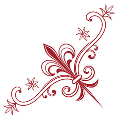 Sophisticated corner ornament with red fleur de lis and flowing vine scrolls including star accents for elegant stationery design wedding invitations royal branding and traditional floral borders. © Sobur