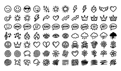 Hand drawn doodle elements collection emoticons symbols and decorative motifs © Shamim