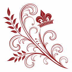 Red scrollwork with elegant swirls, delicate leaves, and a detailed fleur de lis crown, vintage-inspired design perfect for luxurious invitations, wedding decor, and classic branding projects. © Sobur
