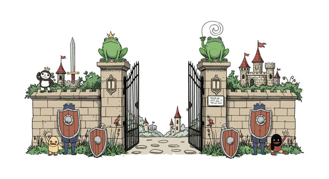 Grand stone castle gate is guarded by frog kings and various whimsical characters with shields, swords, and crowns.