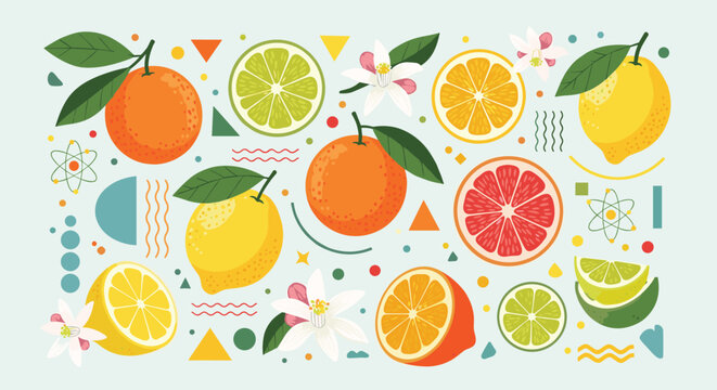 Vibrant pattern of whole and sliced citrus fruits including lemons, oranges, limes, and grapefruit is mixed with geometric shapes.