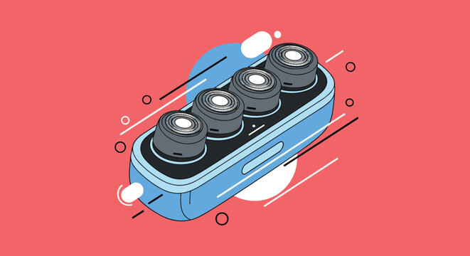 Modern electric rotary shaver with four floating cutting heads is depicted in a stylized technical illustration with abstract accents.