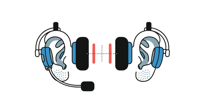 Illustration shows two sets of headphones placed over ears that are facing each other with dashed lines indicating communication.