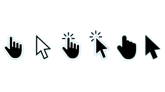 Set of Various Computer Mouse Pointer and Hand Cursor Icons for Website Interface Navigation and Digital User Interaction Design