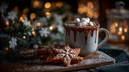 Fototapeta premium Christmas hot cocoa with marshmallows and gingerbread star cookies on wooden board