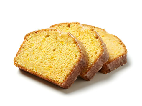 Three thick slices of moist lemon pound cake with sweet glaze on white background