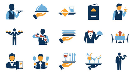 Fototapeta premium Flat vector icons of restaurant waiters and dining service
