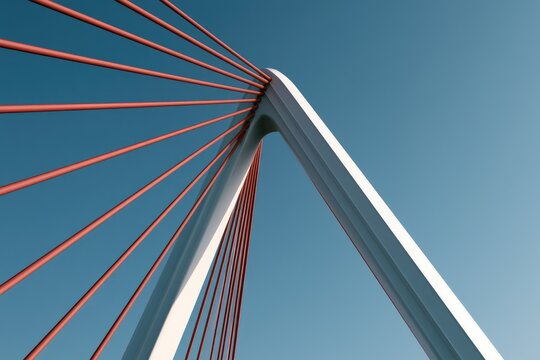 Modern Cable-Stayed Bridge Tower and Cables Against Clear Blue Sky.