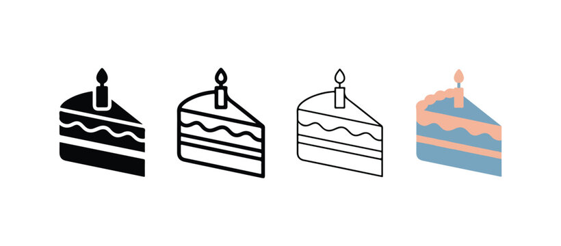 cake slice icons with candle on top  cake slices with layers and wavy frosting lines  illustration of birthday cake pieces