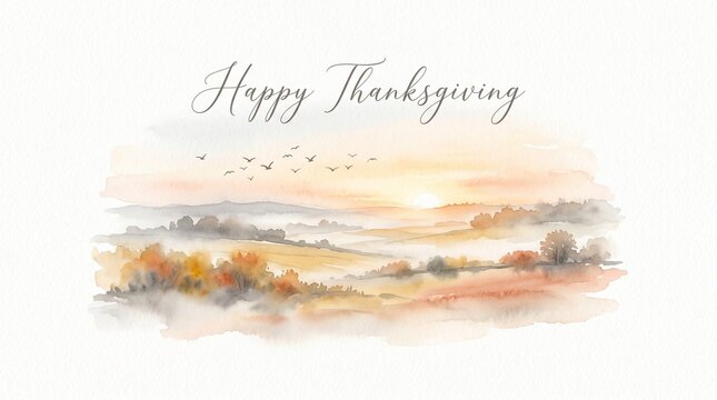 Hand drawn watercolor illustration of autumn fields with Happy Thanksgiving decorative text. Rustic style Happy Thanksgiving background with watercolor nature elements and elegant lettering